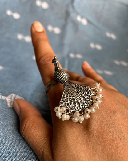 Mayuraaksha -  Silver Plated Oxidised Ring