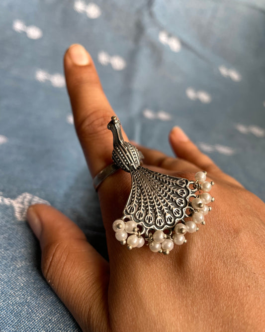 Mayuraaksha -  Silver Plated Oxidised Ring