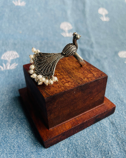 Mayuraaksha -  Silver Plated Oxidised Ring