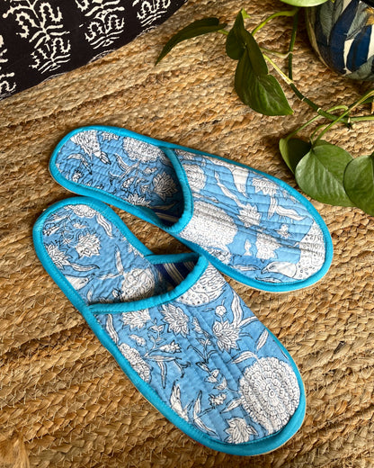 Tranquil Oasis | Hand Block Printed & Quilted Cotton Home Slip-Ons