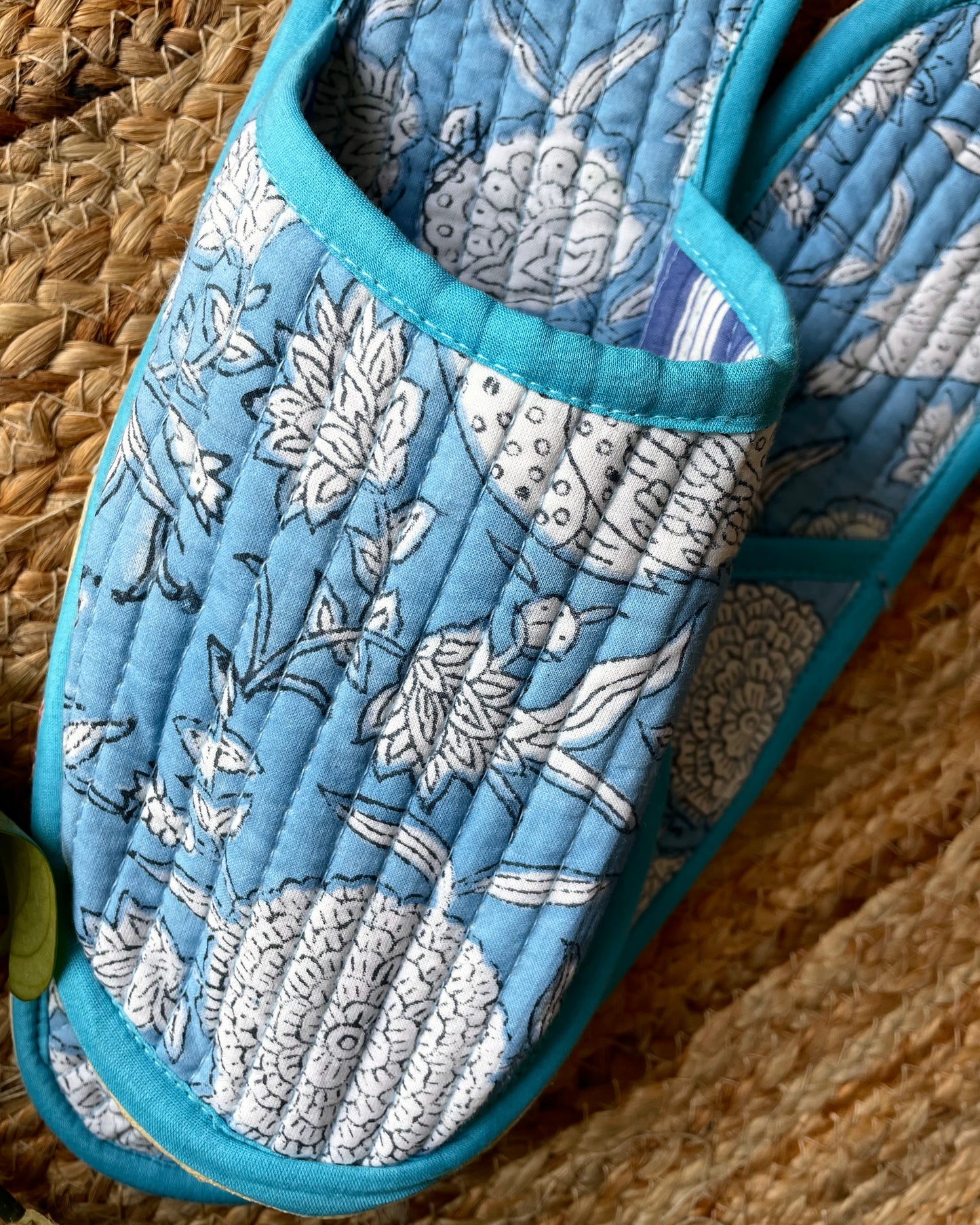 Tranquil Oasis | Hand Block Printed & Quilted Cotton Home Slip-Ons