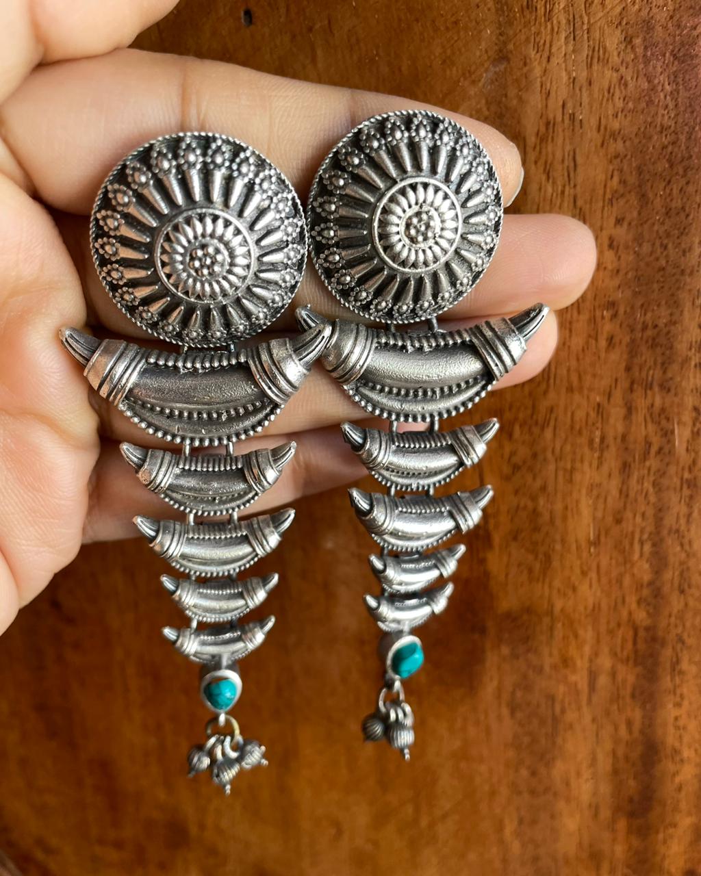 Tribal Chaand Drops | Silver-Plated Statement Studs with Turquoise Stone