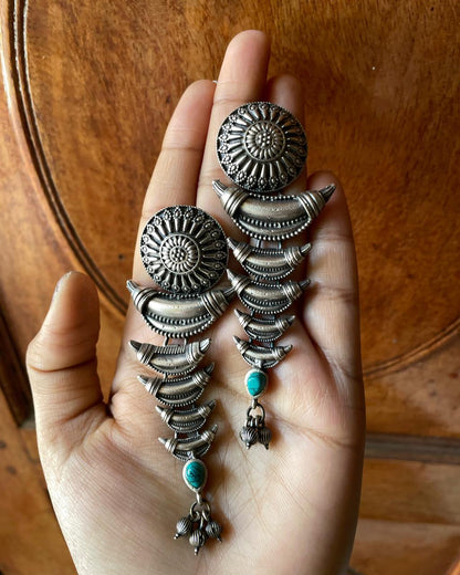Tribal Chaand Drops | Silver-Plated Statement Studs with Turquoise Stone