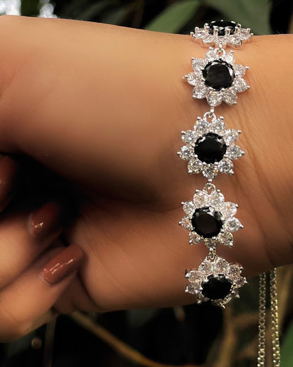 The Black Dahlia | An Exquisite Bracelet with deep black stone set in fine rhodium-plated American Diamonds.