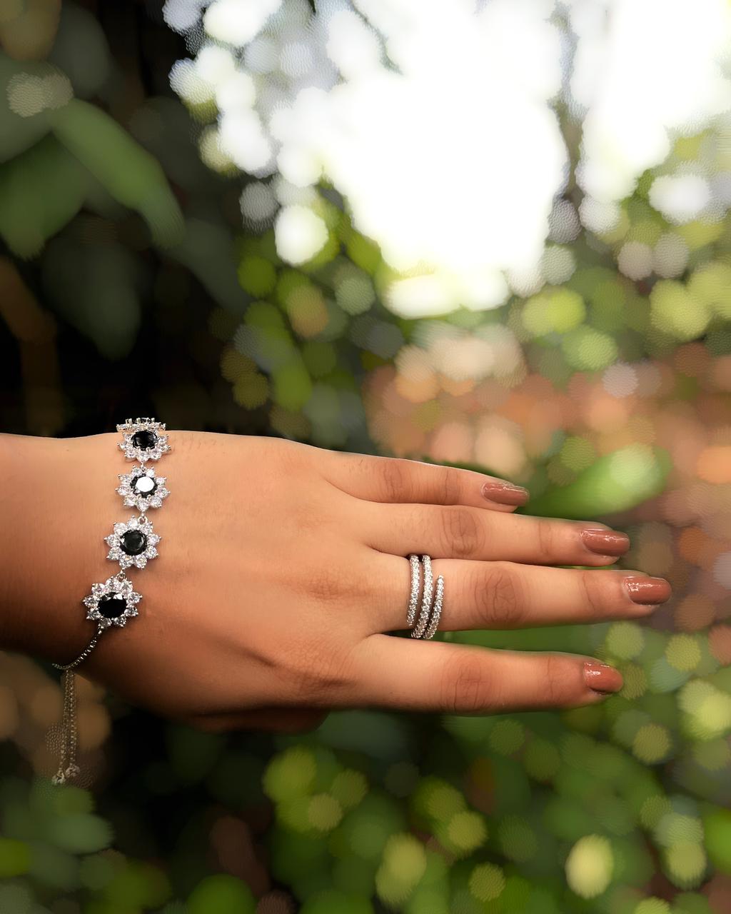 The Black Dahlia | An Exquisite Bracelet with deep black stone set in fine rhodium-plated American Diamonds.