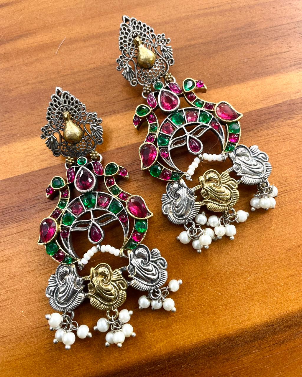 The Peacock Sanctum | Dual-Tone RubyGreen Stone Statement Studs