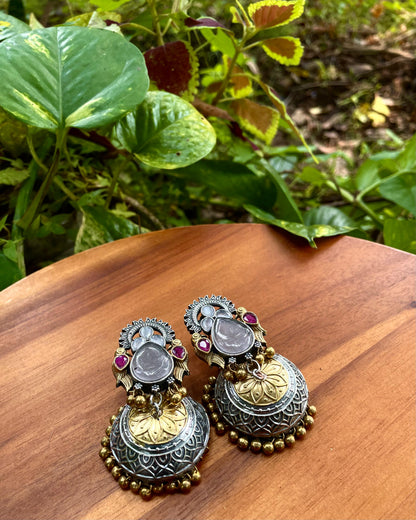 Laasya | Dual-Tone Ruby & Grey Stone Statement Jhumkas