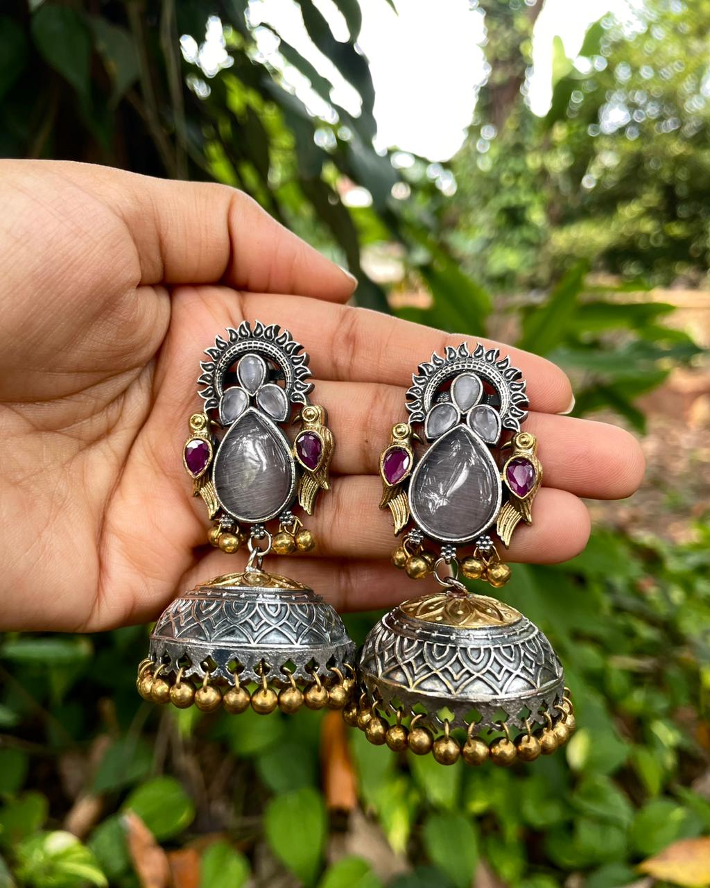 Laasya | Dual-Tone Ruby & Grey Stone Statement Jhumkas