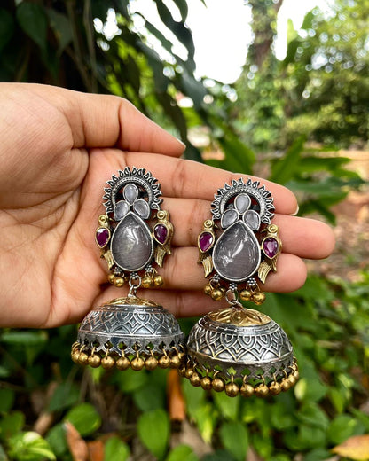 Laasya | Dual-Tone Ruby & Grey Stone Statement Jhumkas