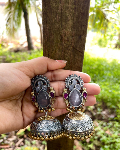 Laasya | Dual-Tone Ruby & Grey Stone Statement Jhumkas