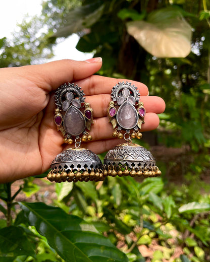 Laasya | Dual-Tone Ruby & Grey Stone Statement Jhumkas
