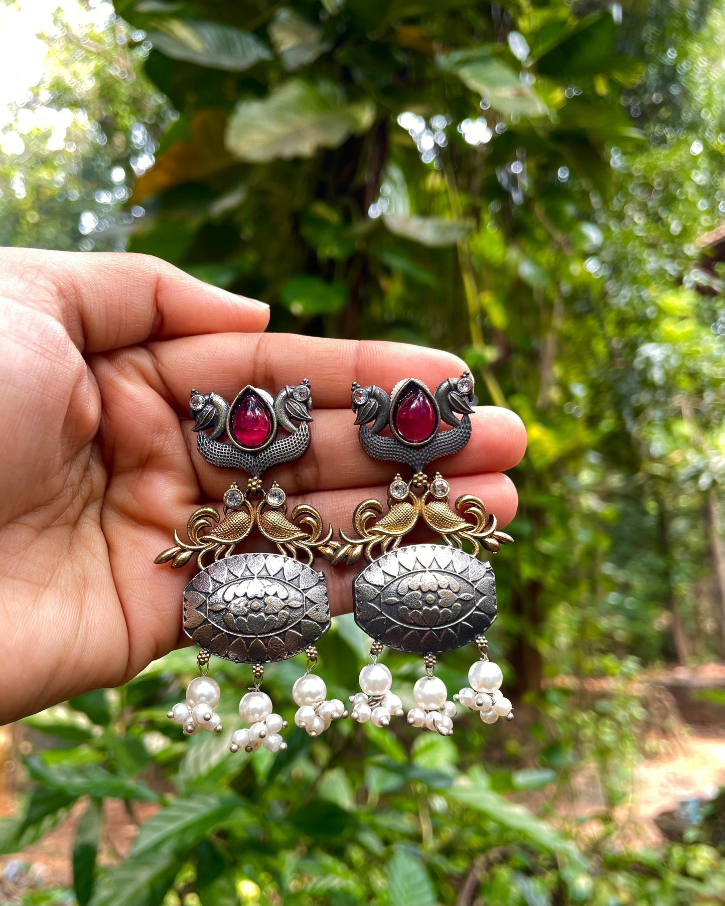 Dwimayura | Silver-Plated Dual-Tone Statement Studs with Pearls