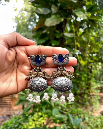 Dwimayura | Silver-Plated Dual-Tone Statement Studs with Pearls