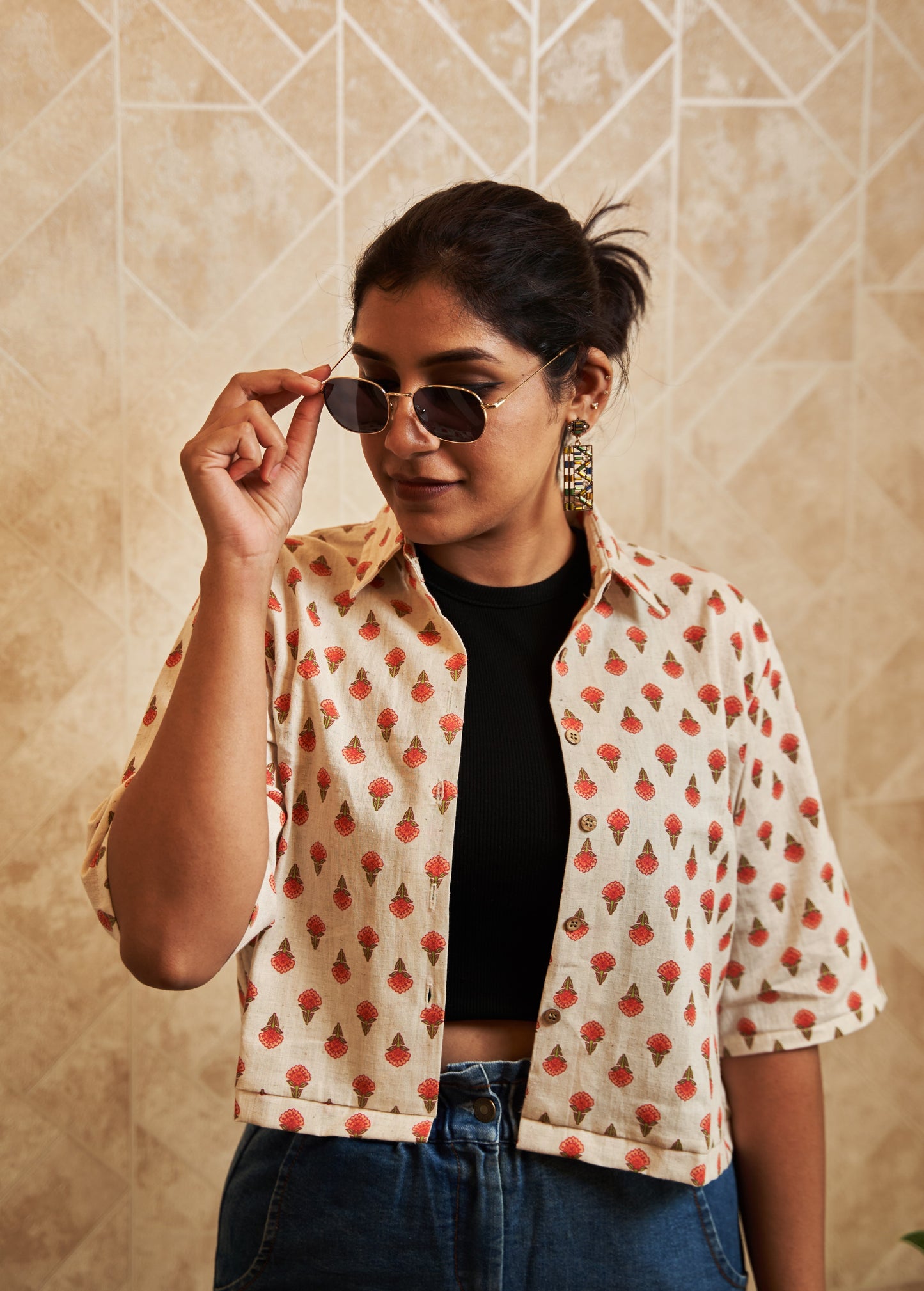 Narangi Floral Motif Cropped Shirt